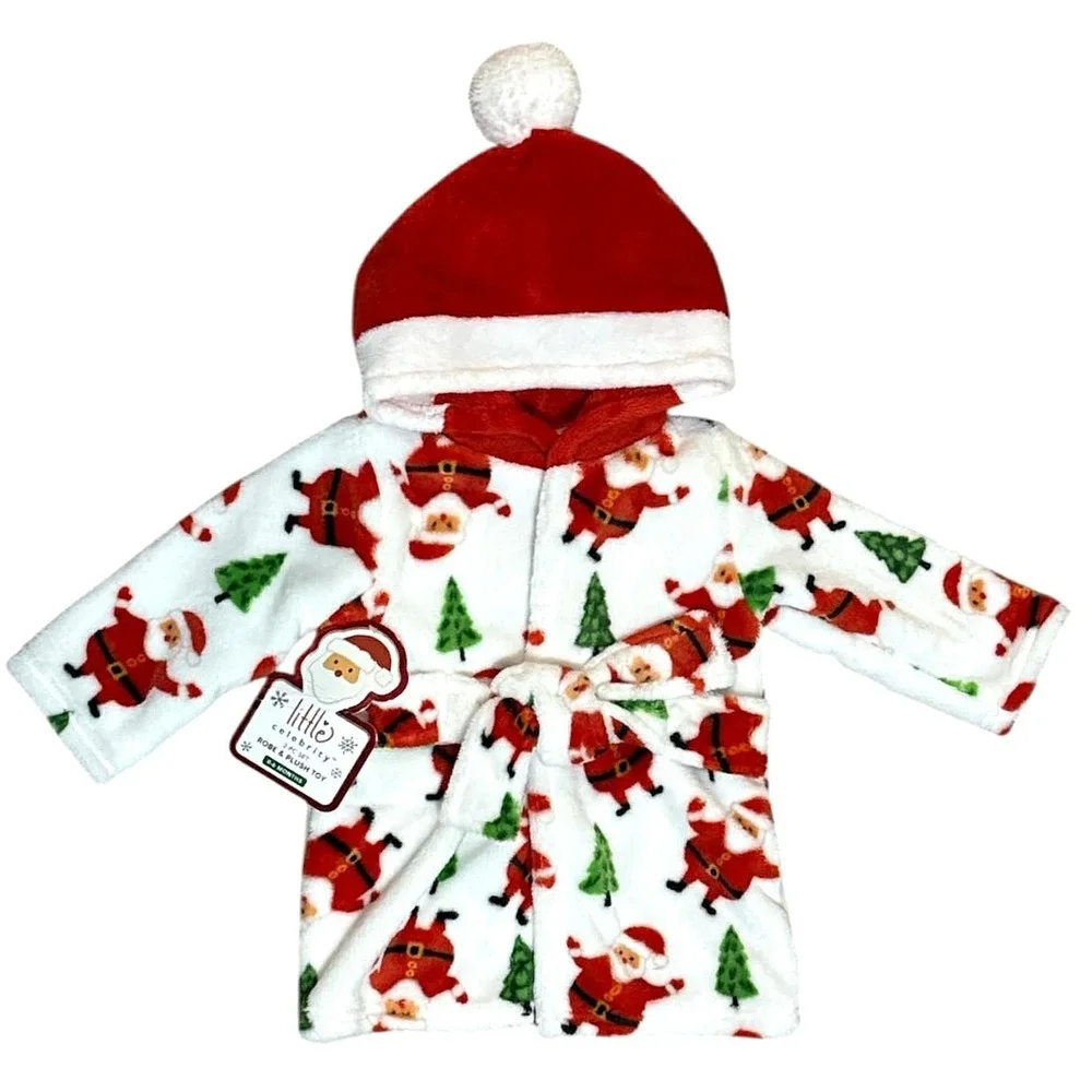 Little Celebrity Christmas Bathrobe w Santa Plush 0–6 mo 2 pc Holiday Set NWT